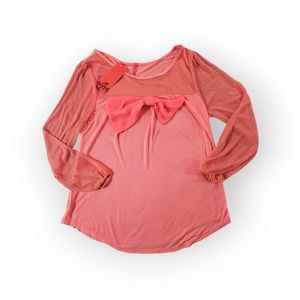 Double Heart Blouse Size Small Coral Sheer Knit 3/4 Sleeve Bow Accent Collarless